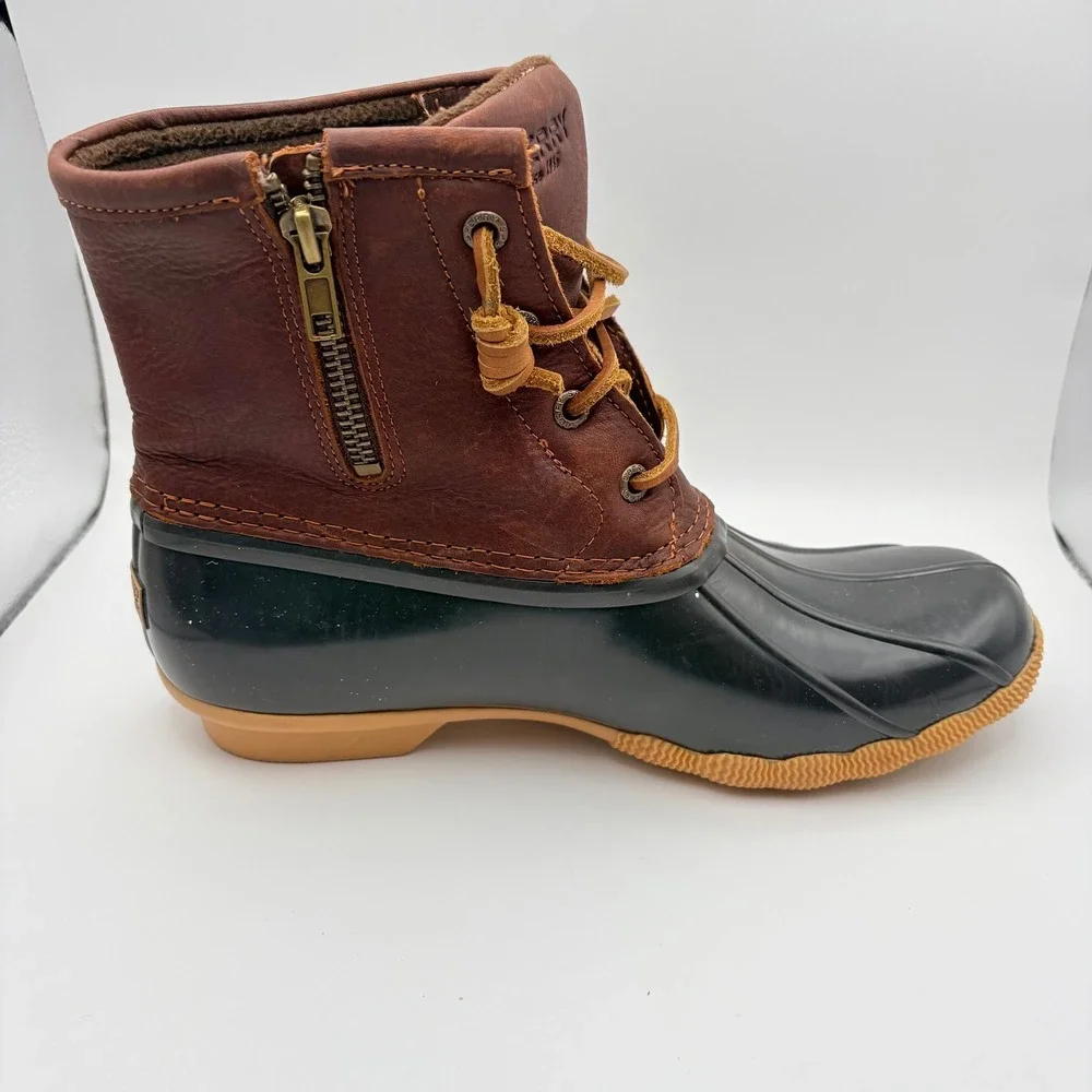 Sperry Women 8 Saltwater Duck Boots Brown Black Leather Rubber Waterproof Ankle